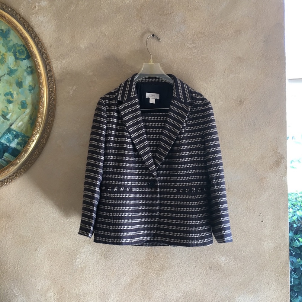 Loft suit jacket skirt set tan navy stripped